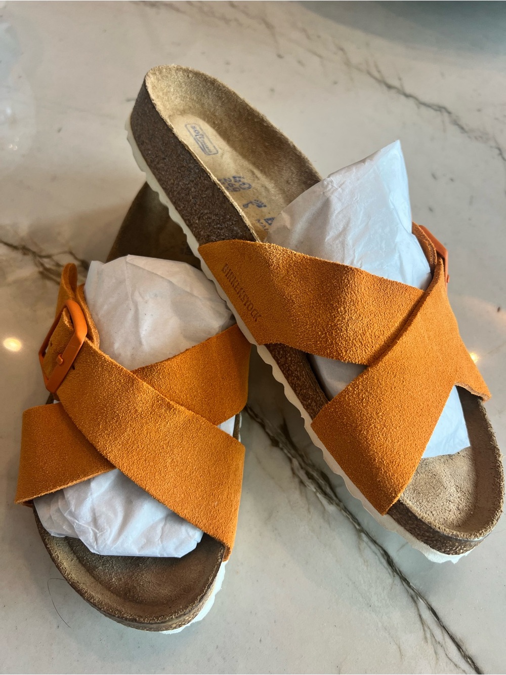 Birkenstock Orange Suede Crisscross Buckle Sandals